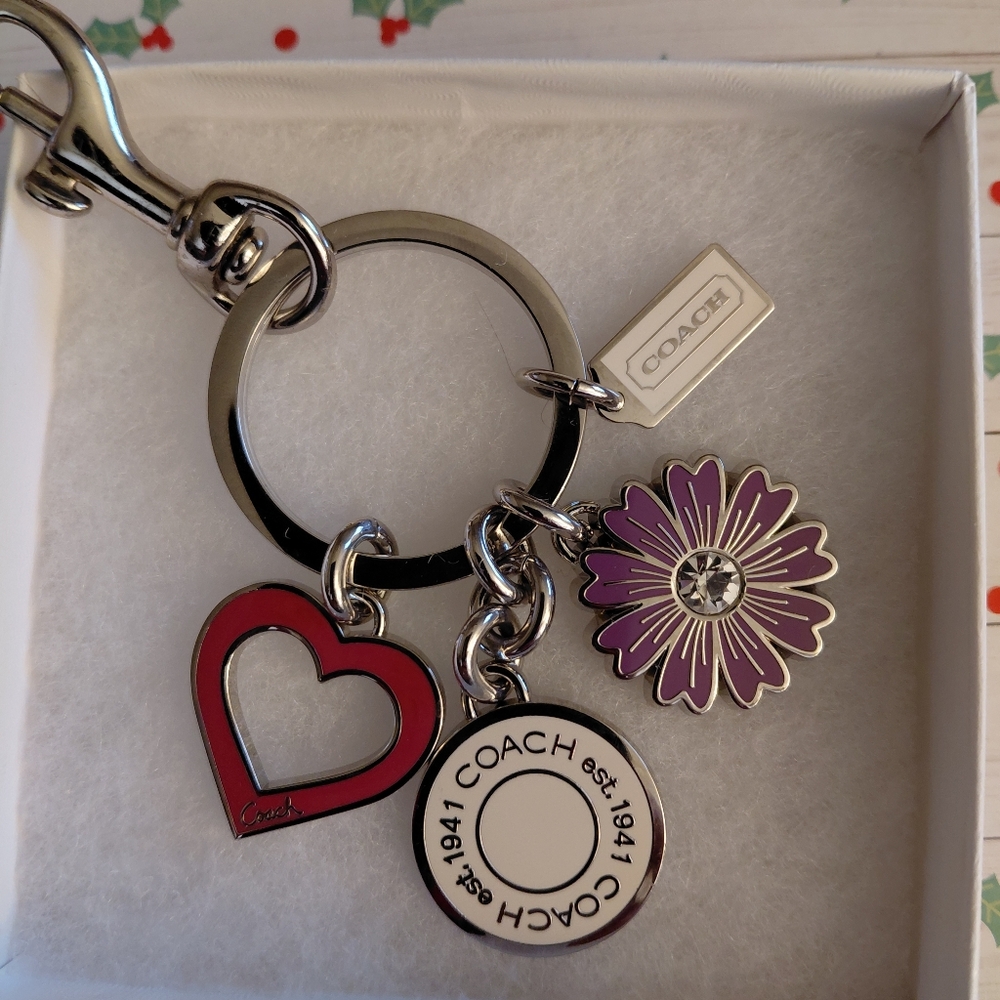 Coach Pink Heart & Purple Daisy Swarovski Crystal Keychain Purse Charm